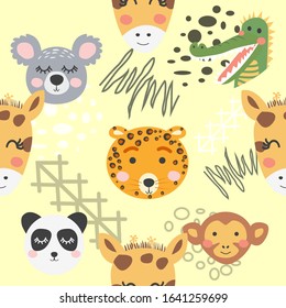 Cute hand drawn nursery seamless pattern with wild animals in scandinavian style.