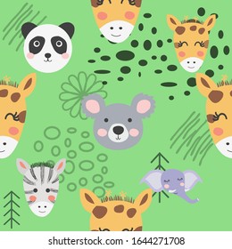 Cute hand drawn nursery seamless pattern with wild animals in scandinavian style.
