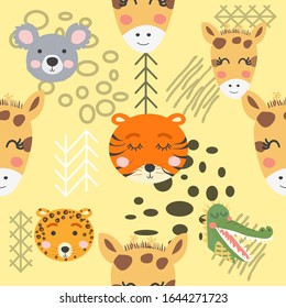 Cute hand drawn nursery seamless pattern with wild animals in scandinavian style.