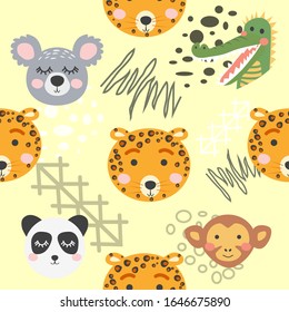 Cute hand drawn nursery seamless pattern with wild animals in scandinavian style.