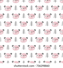 Cute hand drawn nursery seamless pattern with bear in scandinavian style. Monochrome vector illustration.