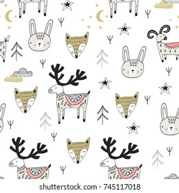 Cute hand drawn nursery seamless pattern with wild animals in scandinavian style. Vector illustration.