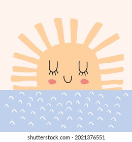 Cute Hand Drawn Nursery Vector Illustration with Funny Dreamy Sun ideal for Card, Poster, Wall Art. Lovely Childish Style Art with Sunset and Blue Sea on a Cream Background. Kids Room Decoration.