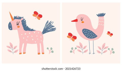 Cute Hand Drawn Nursery Vector Illustration with Funny Pink Unicorn and Dreamy Bird on a Cream Background ideal for Card, Poster, Wall Art. Lovely Childish Style Art for Kids Room Decoration.