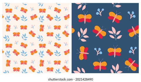 Patrones de vectores de enfermería dibujados a mano con mariposas y flores divertidas. Impresión infantil encantadora con jardín abstracto y mariposas aisladas en un fondo azul oscuro y crema clara.