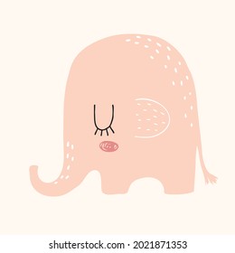 Cute Hand Drawn Nursery Vector Illustration with Funny Pink Elephant ideal for Card, Poster, Wall Art. Lovely Childish Style Art with Little Baby Elephant on a Cream Background. Kids Room Decoration.