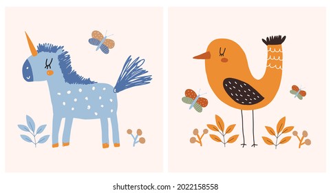 Cute Hand Drawn Nursery Vector Illustration with Funny Blue Unicorn and Dreamy Brown Bird on a Cream Background ideal for Card, Poster, Wall Art. Lovely Childish Style Art for Kids Room Decoration.