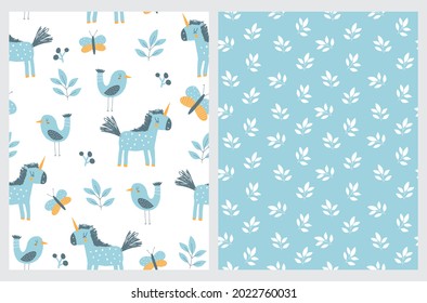 Patrones de vectores de guardería dibujados a mano con divertidos unicornios azules, mariposas y pájaros entre flores. Impresión infantil encantadora con jardín mágico abstracto aislado en un fondo blanco y azul.