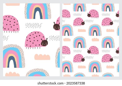 Cute Hand Drawn Nursery Vector Patterns with Funny Pink Ladybugs, Clouds and Rainbows. Lovely Childish Print with Dotted Lady Birds and Rainbows of Irregular Shape Isolated on a White Background.