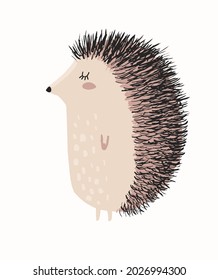 Cute Hand Drawn Nursery Vector Illustration with Baby Hedgehog ideal for Card, Wall Art, Poster,Kids Room Decoration. Lovely Simple Print with Funny Hedgehog Isolated on a White Background.