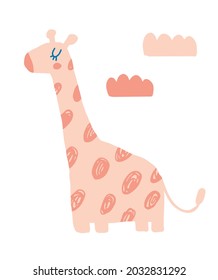 Cute Hand Drawn Nursery Vector Illustration with Funny Pink Giraffe ideal for Card, Poster, Wall Art. Lovely Childish Style Art with Little Baby Girrafe on a White Background. Kids Room Decoration.