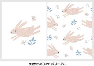 Cute Hand Drawn Nursery Vector Art and Pattern with Jumping Bunnies. Lovely Prints with Brown Rabbits, Butterflies and Blue Flowers on a White Background. Funny Infantile Style Easter Card.  