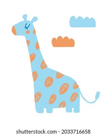 Cute Hand Drawn Nursery Vector Illustration with Funny Blue Giraffe ideal for Card, Poster, Wall Art. Lovely Childish Style Art with Little Baby Girrafe on a White Background. Kids Room Decoration.