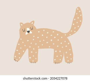 Cute Hand Drawn Nursery Vector Illustration with Funny Tiger ideal for Card, Poster, Wall Art. Lovely Childish Style Art with Brown Wild Cat on a Beige Background. Kids Room Decoration.