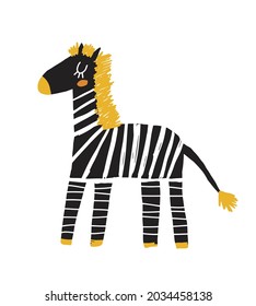 Cute Hand Drawn Nursery Vector Illustration with Funny Zebra ideal for Card, Poster, Wall Art. Lovely Childish Style Art with Little Baby Zebra on a White Background. Kids Room Decoration.