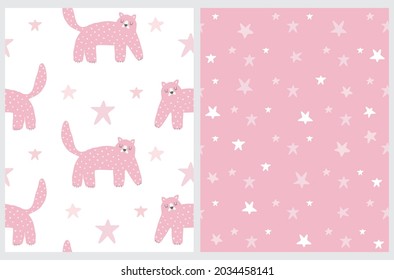 Cute Hand Drawn Nursery Vector Pattern with Dreamy Tigers. Lovely  Repeatable Print with Fat Pink Cats on a White Background. Pastel Pink Starry Night Print. Infantile Style Nursery Patterns. 