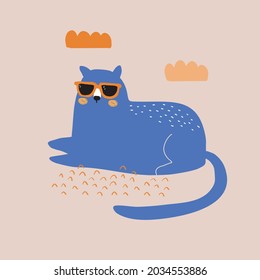 Cute Hand Drawn Nursery Vector Illustration with Blue Lazy Cat Sitting on the Beach. Lovely Childish Style Art with Funny Cat on a Light Blush Pink Background. Safari Party Decoration.