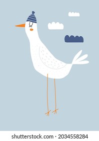 Cute Hand Drawn Nursery Vector Illustration with White Big Seagull on a Blue Background. Lovely Childish Style Art with Dreamy Bird in the Woolen Hat ideal for Card, Poster, Wall Art. Animal Print.