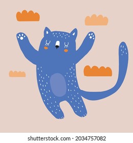 Cute Hand Drawn Nursery Vector Illustration with Blue Baby Cat Flaying Among Clouds. Lovely Childish Style Art with Blue Dreamy Kitty on a Blush Background ideal for Card, Poster, Wall Art. Cat Print.