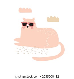 Cute Hand Drawn Nursery Vector Illustration with Pink Lazy Cat Sitting on the Beach. Lovely Childish Style Art with Funny Cat on a White Background. Safari Party Decoration.