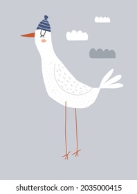 Cute Hand Drawn Nursery Vector Illustration with White Big Seagull on a Gray Background. Lovely Childish Style Art with Dreamy Bird in the Woolen Hat ideal for Card, Poster, Wall Art. Animal Print.