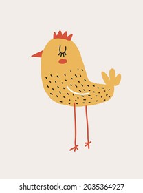 Cute Hand Drawn Nursery Vector Illustration with Yellow Chicken. Lovely Childish Style Art with Yellow Dreamy Chick on a Blush Background ideal for Card, Poster, Wall Art. Easter Print.