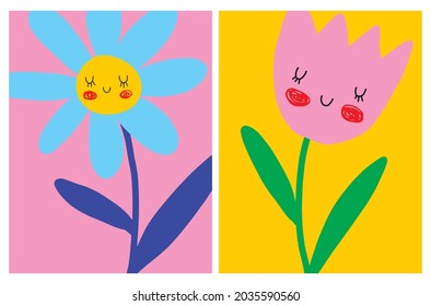 Cute Hand Drawn Nursery Vector Illustration with Smiining Kawaii Flowers. Lovely Childish Style Art with Funny Blue and Pink Flower  on a Pink and Yellow Background ideal for Card, Wall Art. 