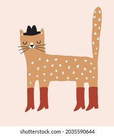 Cute Hand Drawn Nursery Vector Illustration with Brown Cat in the Hat. Lovely Childish Style Art with Funny Kitty Wearing Red Boots and Black Hat on a Blush Background ideal for Card, Wall Art. 