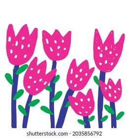Cute Hand Drawn Nursery Vector Illustration with Simple Pink Tulips. Lovely Childish Style Art with Abstract Childish Style Garden with Pink Flowers on a White Background ideal for Card, Wall Art.