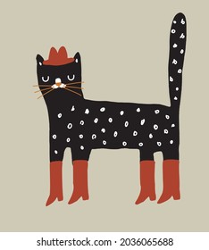 Cute Hand Drawn Nursery Vector Illustration with Black Cat in the Hat. Lovely Childish Style Art with Funny Kitty Wearing Red Boots and Hat on a Pale Green Background ideal for Card, Wall Art. 