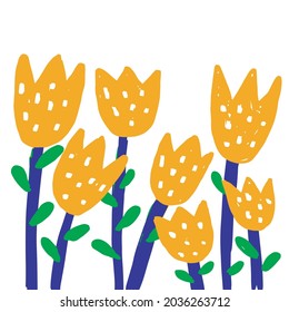 Cute Hand Drawn Nursery Vector Illustration with Simple Yellow Tulips. Lovely Childish Style Floral Art. Abstract Garden with Yellow Flower Isolated on a White Background ideal for Card, Wall Art.