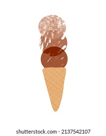 Cute Hand Drawn Nursery Vector Illustration with Three Scoops of Fruit Ice Cream in a Waffle Cone. Light and Dark Brown Scoops on a White Background. Chocolate Ice Creams.