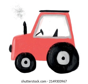 Cute Hand Drawn Nursery Vektor Illustration mit Funny Red Traktor ideal für Card, Poster, Wall Art. Einfache Kunst mit Traktor einzeln auf weißem Hintergrund. Kinderzimmer-Dekoration. Bauernmaschine.