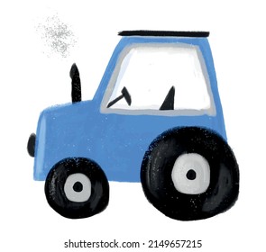 Ilustración de vectores de enfermería dibujados a mano con divertido tractor azul ideal para tarjetas, afiches, arte de pared. Arte simple con tractor aislado en un fondo blanco. La Decoración De Las Habitaciones Para Niños. Máquina agrícola.