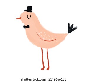 Cute Hand Drawn Nursery Vector Illustration with Funny Bird in a Hat ideal for Card, Poster, Wall Art. Lovely Crayon Style Art with Gentleman Bird Isolated on a White Background. Kids Room Decoration.