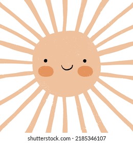 Cute Hand Drawn Nursery Vector Art with Light Orange Kawaii Style Smiling Sun on a White Background. Lovely Infantile Style Drawing ideal for Wall Art, Card, Poster, Kids' Room Decoration.