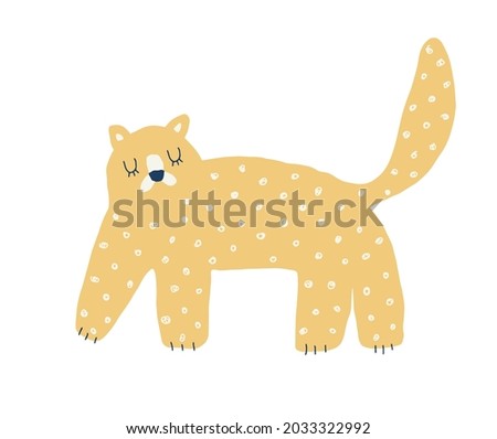 Cute Hand Drawn Nursery Vector Illustration with Funny Tiger ideal for Card, Poster, Wall Art. Lovely Childish Style Art with Yellow Wild Cat on a White Background. Kids Room Decoration.
