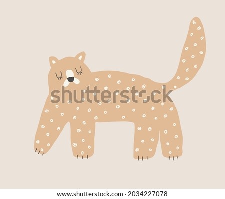 Cute Hand Drawn Nursery Vector Illustration with Funny Tiger ideal for Card, Poster, Wall Art. Lovely Childish Style Art with Brown Wild Cat on a Beige Background. Kids Room Decoration.