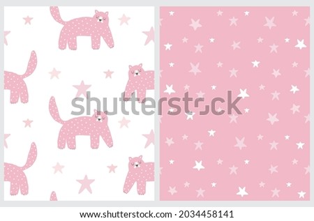 Cute Hand Drawn Nursery Vector Pattern with Dreamy Tigers. Lovely  Repeatable Print with Fat Pink Cats on a White Background. Pastel Pink Starry Night Print. Infantile Style Nursery Patterns. 