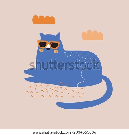 Cute Hand Drawn Nursery Vector Illustration with Blue Lazy Cat Sitting on the Beach. Lovely Childish Style Art with Funny Cat on a Light Blush Pink Background. Safari Party Decoration.