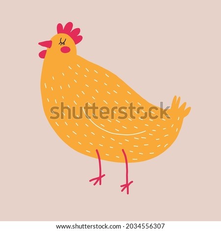 Cute Hand Drawn Nursery Vector Illustration with Yellow Big Hen. Lovely Childish Style Art with Yellow Dreamy Chicken on a Blush Background ideal for Card, Poster, Wall Art. Easter Print.
