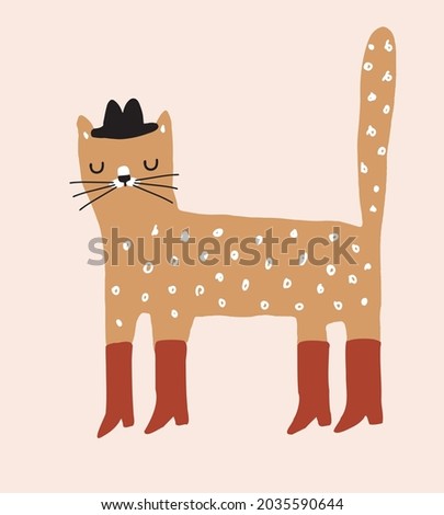 Cute Hand Drawn Nursery Vector Illustration with Brown Cat in the Hat. Lovely Childish Style Art with Funny Kitty Wearing Red Boots and Black Hat on a Blush Background ideal for Card, Wall Art. 