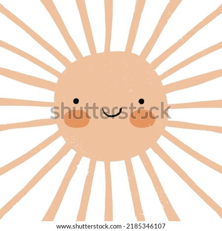 Cute Hand Drawn Nursery Vector Art with Light Orange Kawaii Style Smiling Sun on a White Background. Lovely Infantile Style Drawing ideal for Wall Art, Card, Poster, Kids' Room Decoration.