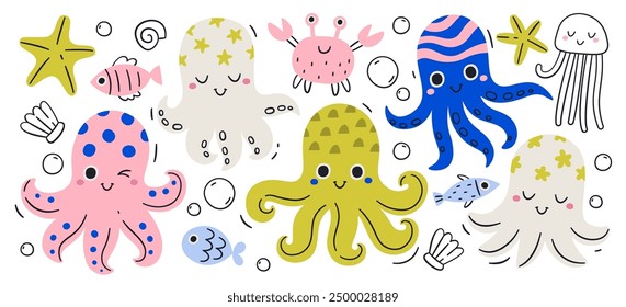 Cute hand drawn octopus colorful kawaii characters vector illustration. Funny smiling underwater creature emoji drawing set. Sea ocean water monster doodle wildlife collection animal art