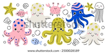 Cute hand drawn octopus colorful kawaii characters vector illustration. Funny smiling underwater creature emoji drawing set. Sea ocean water monster doodle wildlife collection animal art