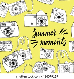 Cute hand drawn old and new cameras. Seamless vector pattern. Best summer memories. 