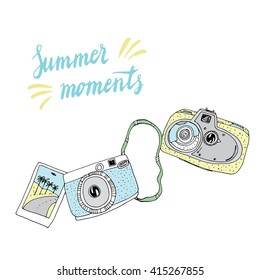 Cute hand drawn old and new cameras. Vector card. Best summer memories.