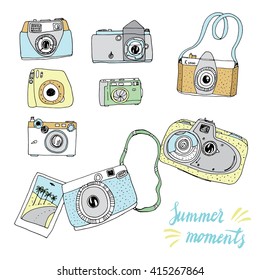 Cute hand drawn old and new cameras. Seamless vector pattern. Best summer memories.