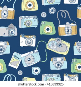 Cute hand drawn old and new cameras. Seamless vector pattern. Best summer memories.