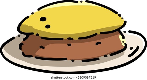Cute hand drawn omurice illustration featuring Japanese fried rice wrapped with a fluffy omelette and topped with ketchup. Isolated on white background. Perfect for restaurant menus, food stickers, children's books, packaging, branding, and Japanese cuisine designs.